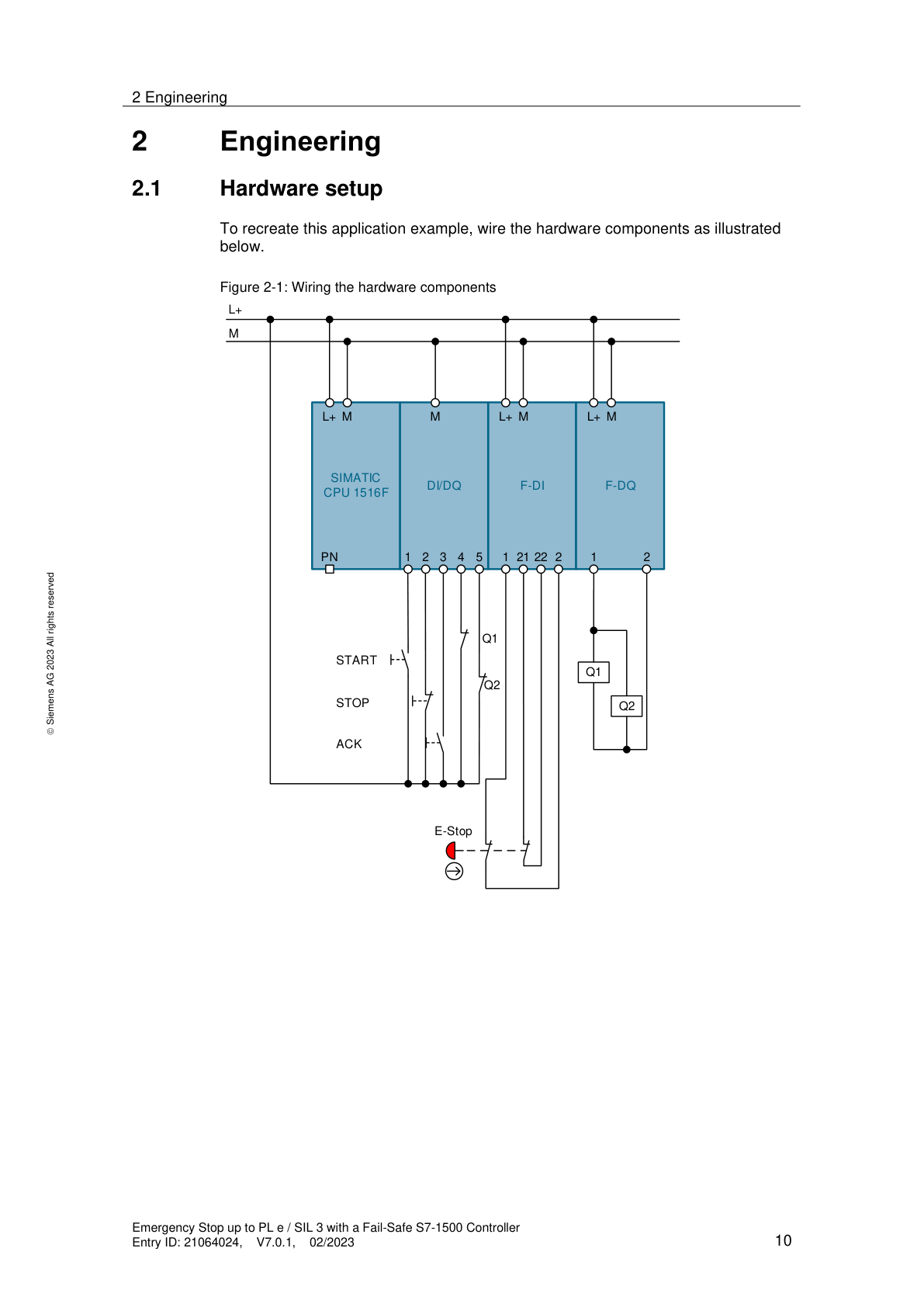 E-Stop hardware setup: S7-1516F, F-DI, F-DQ, dwukanałowe połączenie przycisku